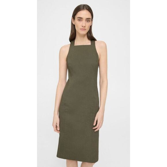 Theory Ladies Dark Olive Square Neckline Good Linen Size 8 Dress - Picture 1 of 11